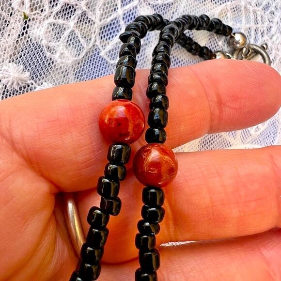 Vintage Art Glass & Genuine Red Jasper Stone Seed Bead Choker Necklace - Picture 6 of 12
